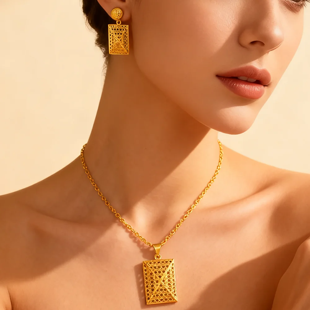 Dubai 18K Goldfarbenes Schmuckset für Damen Hochzeit Party Halskette Ohrringe Sets Indisches Schmuckset Kostenloser Versand Großhandel – Detail 7