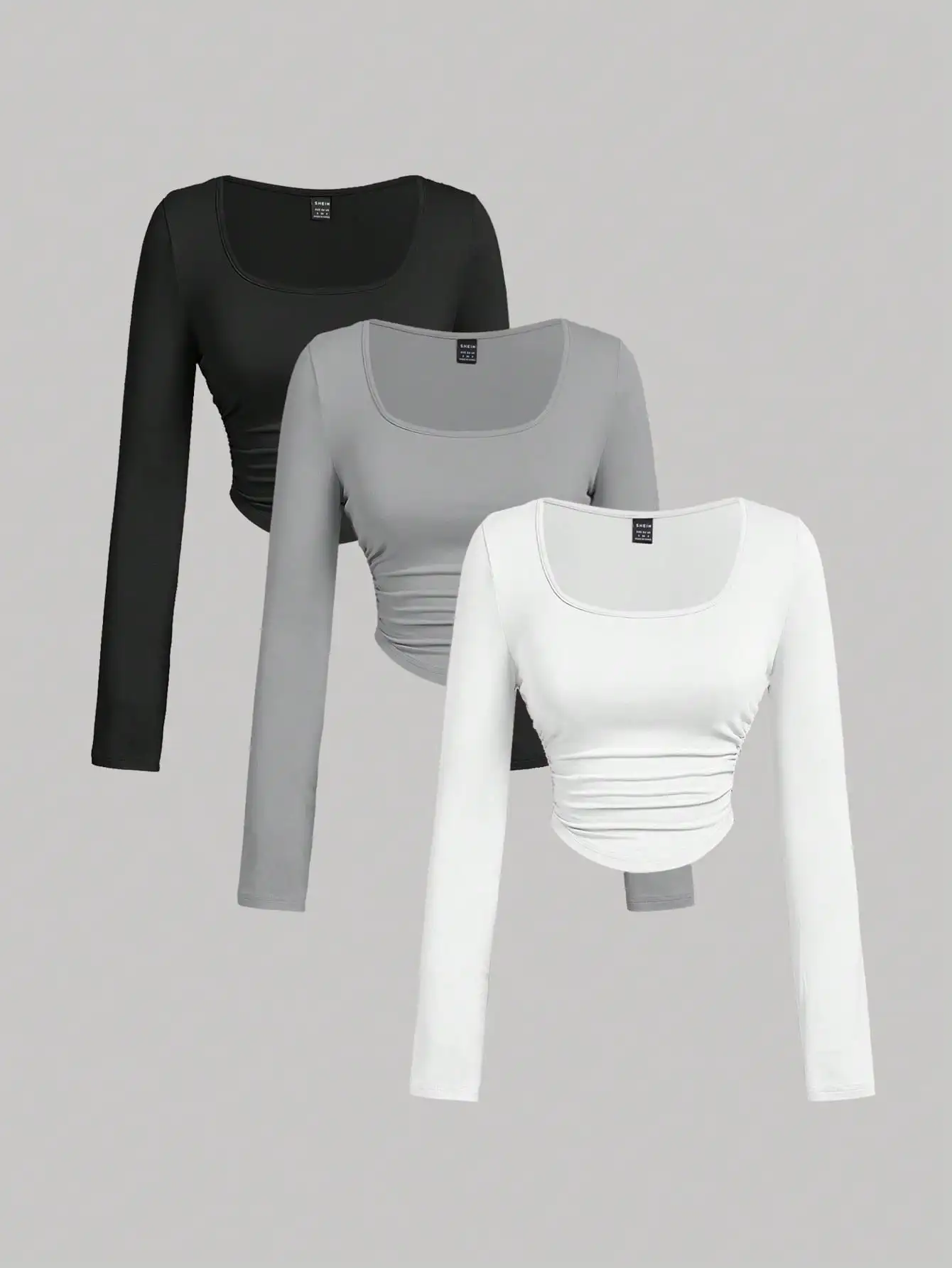 

Комплект из 3 женских плиссированных футболок с квадратным вырезом и длинными рукавами, повседневные осенние топы для выходных и праздников