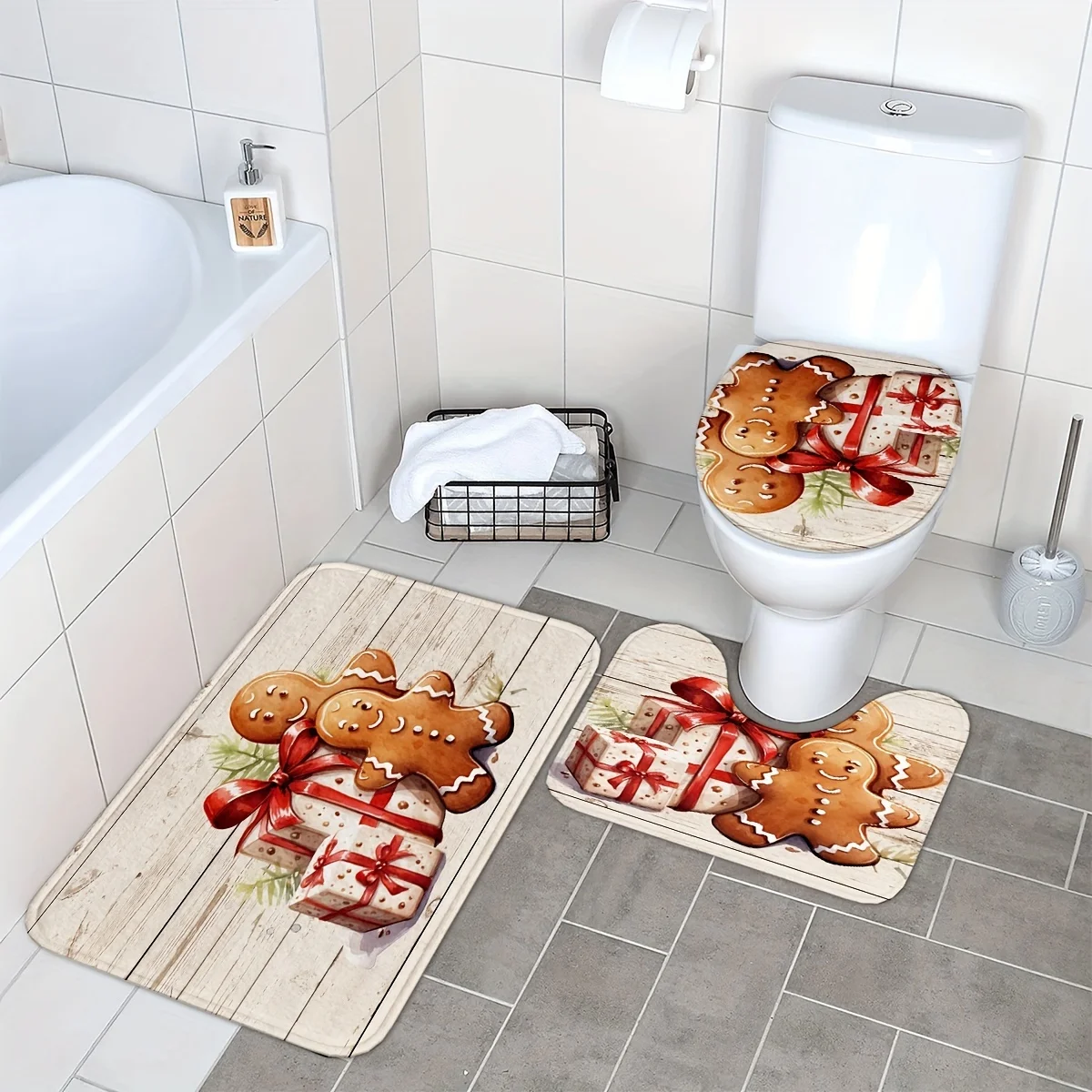 Merry Christmas Gingerbread Bathroom Set - Soft & Non-slip Contour Mat, Toilet Cover, and Bathtub Mat for Festive Home Decor