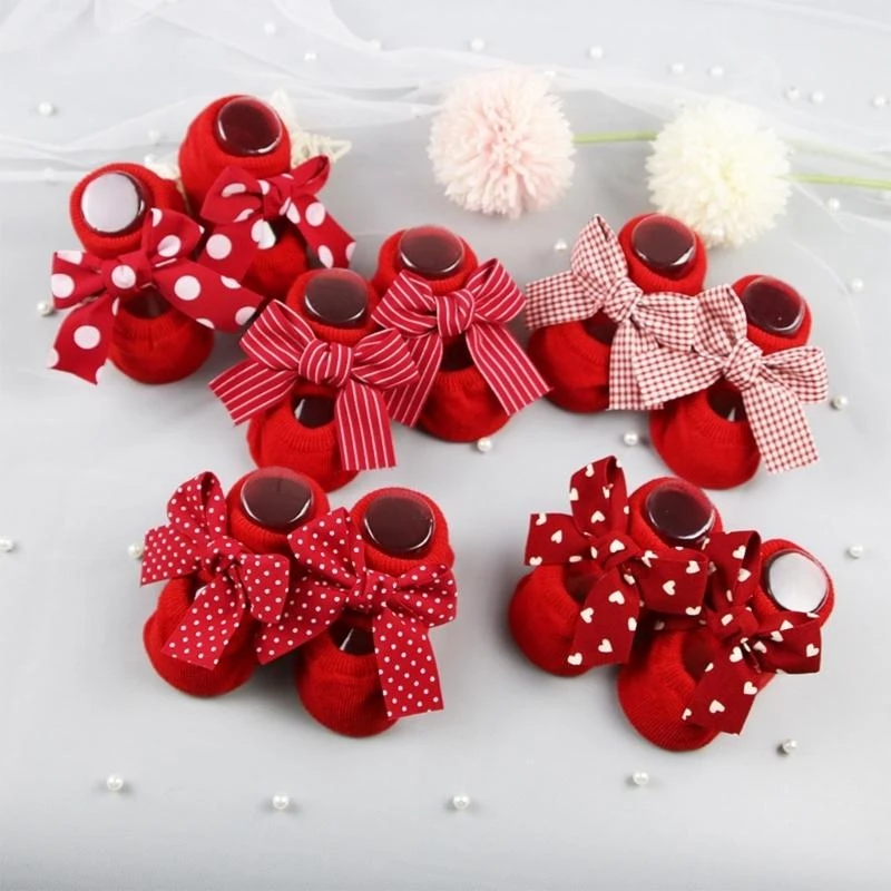 54DF Red Bow Toddler Floor Socks Ankle Floor Socks Breathable Cozy Baby Winter Socks