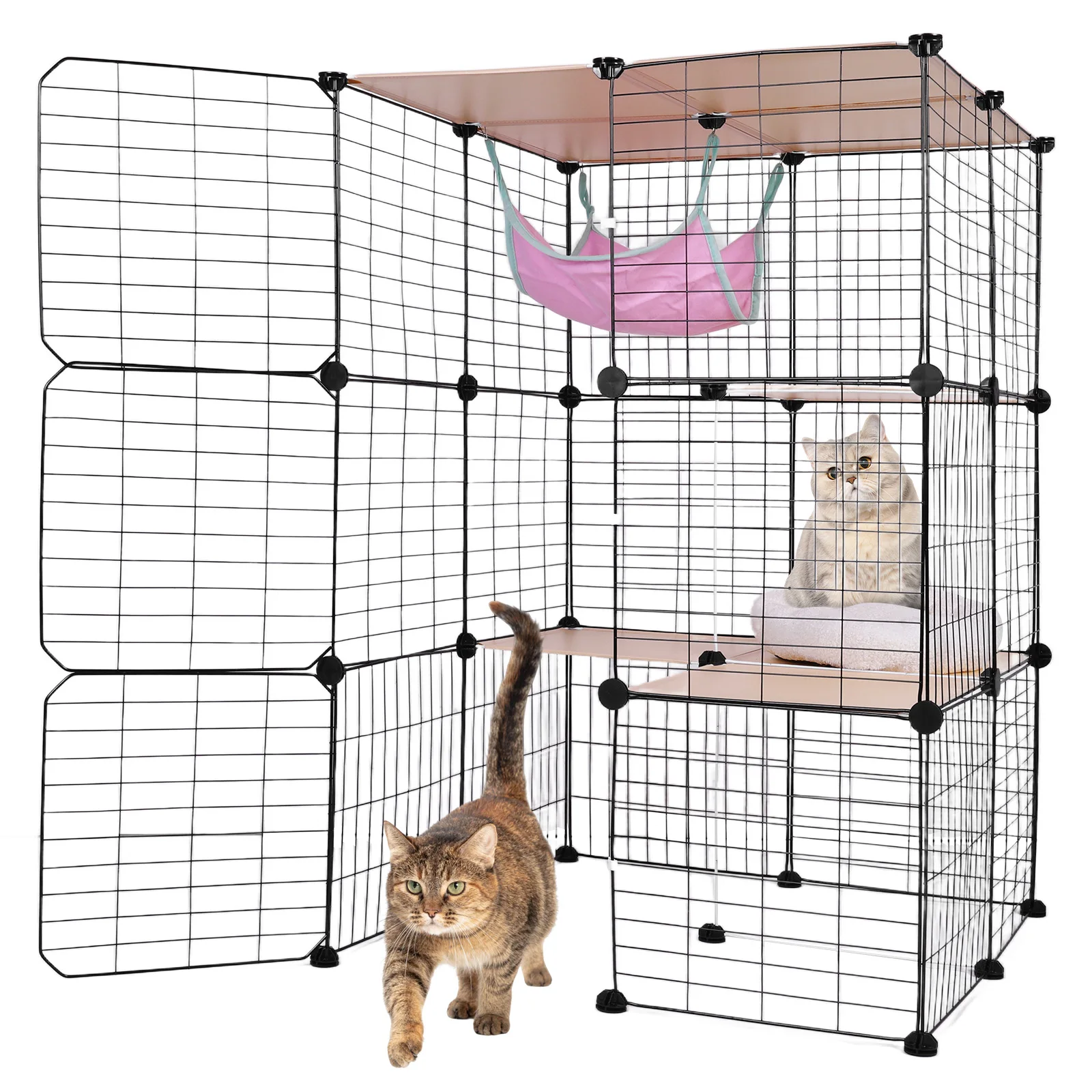 

3 Tiers Indoor Cat Enclosures W/ Hammock & Bed Cat Wire Kennel Crate Kitten Playpen Cage Large Exercise Place Ideal for 1-3Cats