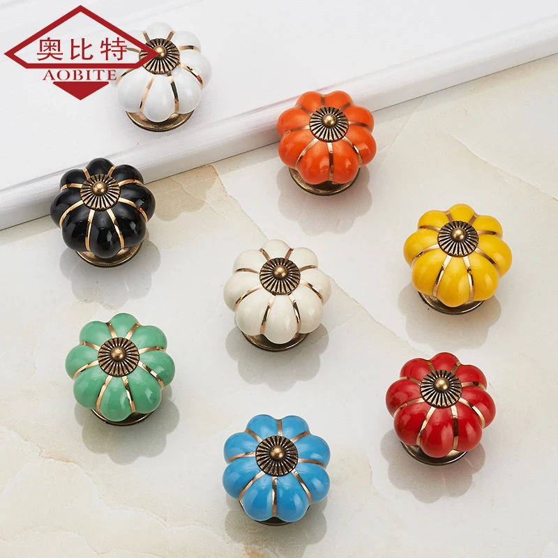 AOBT Colorful Pumpkin Kitchen Cabinet Storage Ceramic Knob Closet Dressers Wardrobe Handle Single Hole Cabinet Furniture Home