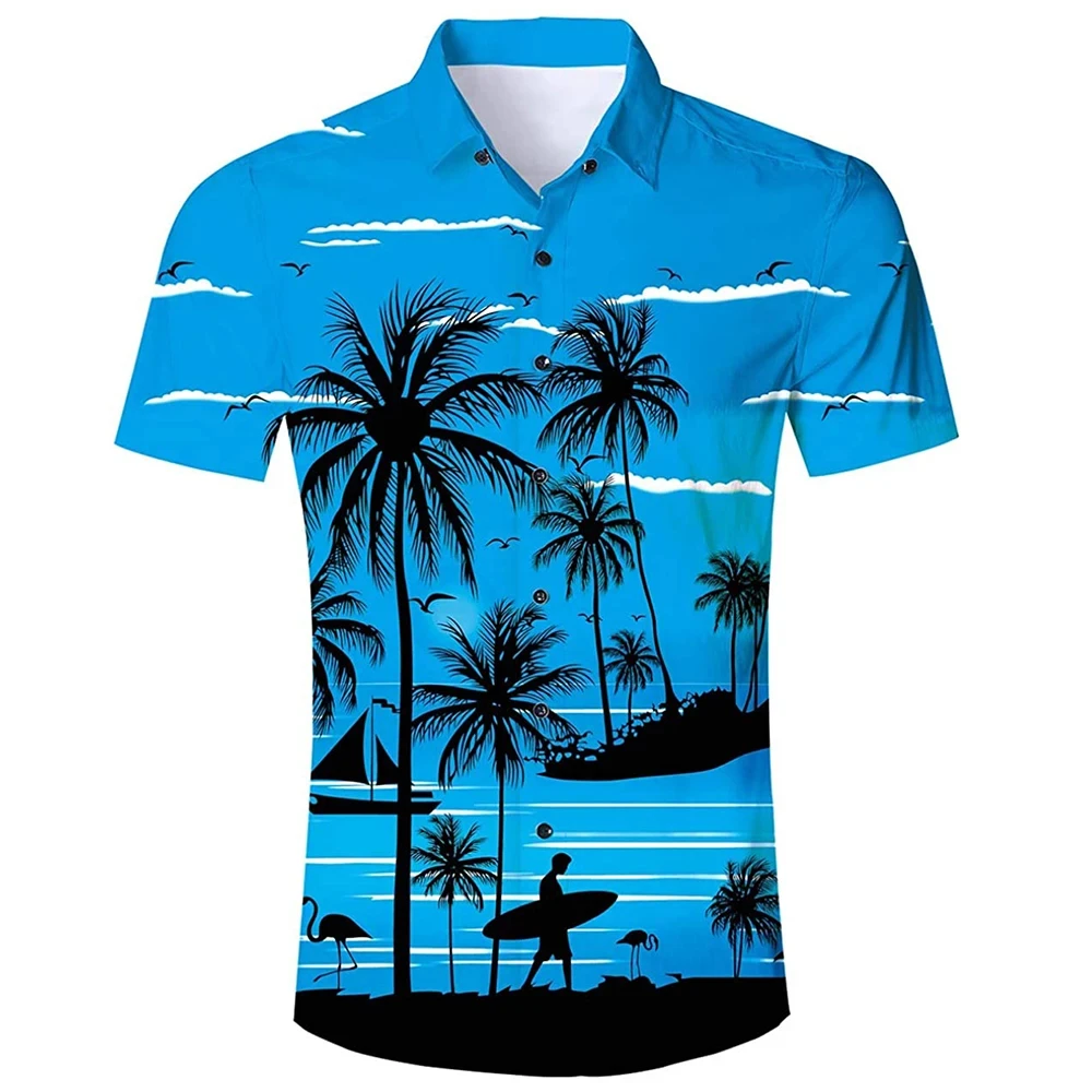 Camisa de praia de manga curta solta masculina, gola casual com botão flip, padrão coqueiro legal, impressão 3D, verão