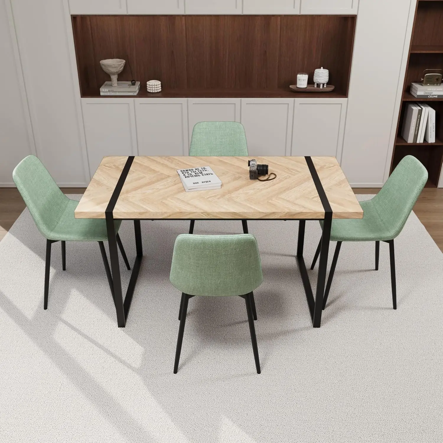 59"" Mdf Light Wood Dining Table Set, Modern Dining Chairs W/Suede Upholstery, Rectangular Metal Base, Farmhouse Kitchen