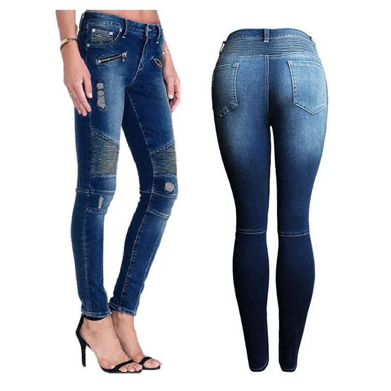 Motorcycle Style Multi Zipper Pleated Women's Jeans With Holes Skinny Elastic Waist Denim Pencil Pants