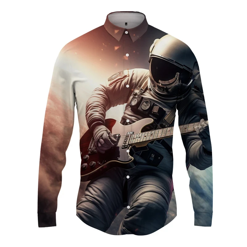 New Street Men's Clothing Spring And Autumn Fashion Male Buttons 3D Astronaut Guitar Printed Shirt Men Long Sleeved Singer Shirt