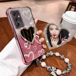 Airbag Wrist Strap Glitter Love Heart Mirror Phone Case On For Samsung Galaxy A13 A14 A15 A16 A23 34 A35 A36 A54 A55 4G 5G Cover