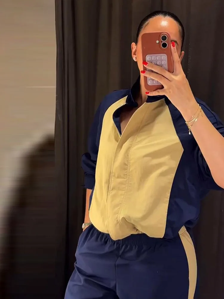 Patchwork-Stehkragen-Damenanzug, bodenlange Hose, lange Ärmel, Reißverschluss, lockerer Schnitt, Damenmode für Frühling und Herbst, lässige Damen-Sets 2026