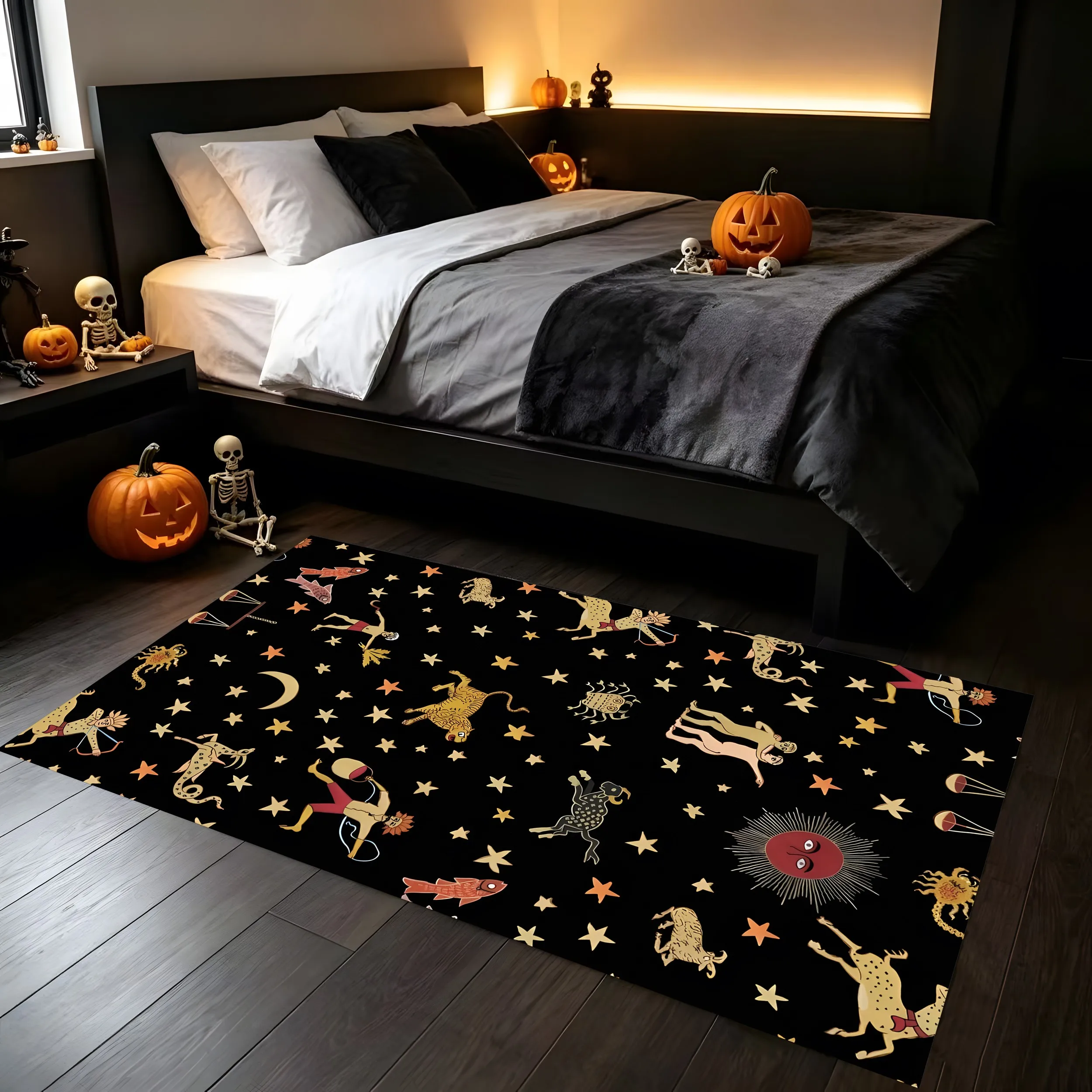 2D Large Carpet with Cute Ghost Bat Floral Print Soft and Sweet Style Pink and Blue Gradient Childlike Fun Halloween Atmosphere