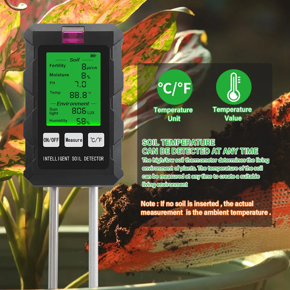 Digital 6 in 1 Soil PH Meter Fertility Soil Moisture Sunlight Ambient Humidity Temp Tester Monitor Detector Garden Soli Analyzer