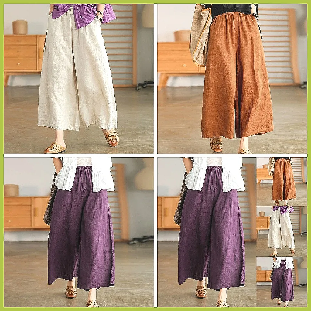 

2025 New Women's High Waist Cotton Linen Culottes Pants, Loose Wide Leg & Breathable for Casual Wear