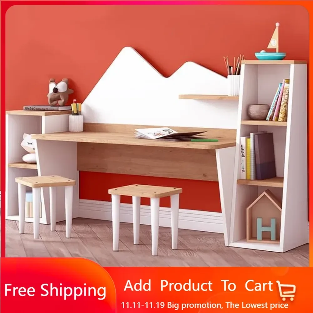 

Kid's Study Desk with Bookshelf + 2 Stools for Ages 3-8, Wooden Children Activity Table with Hutch and Shelves-Light Walnut