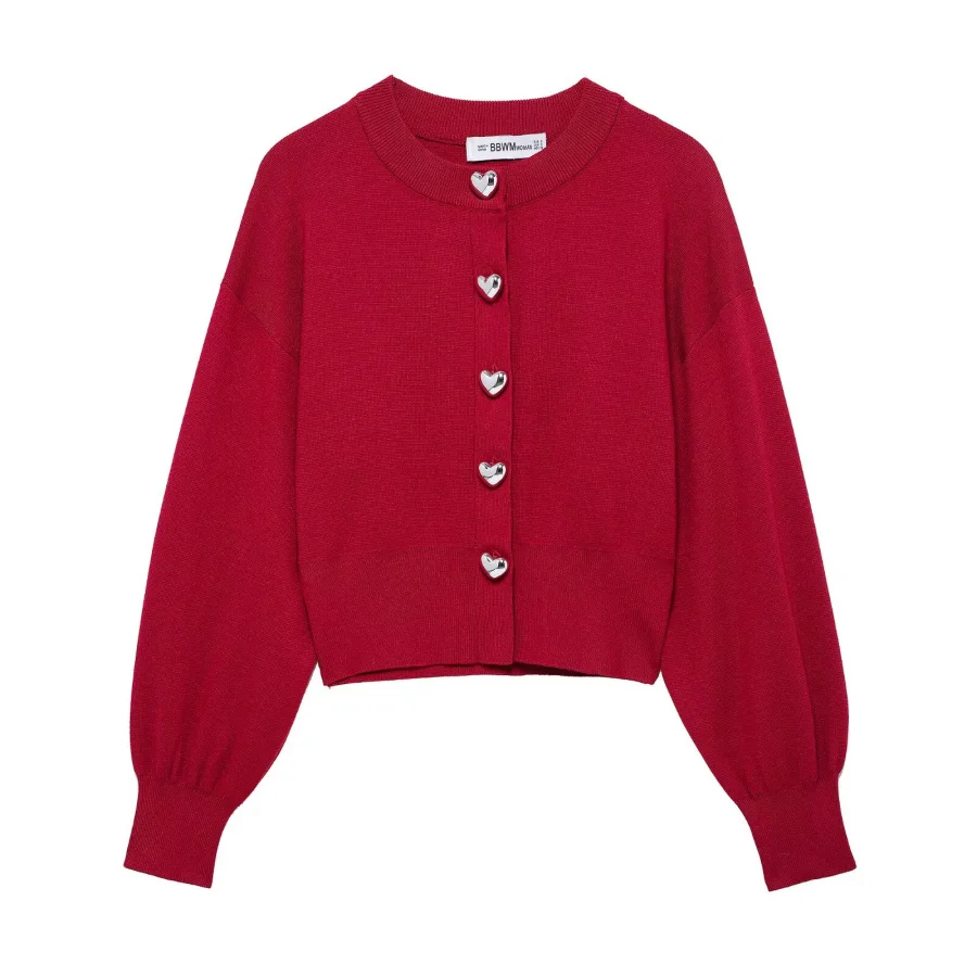 

ETJ 2025 Spring New Elegant women's Fashion Festival Party Heart-shaped button red round neck cardigan knit flat stitch coat