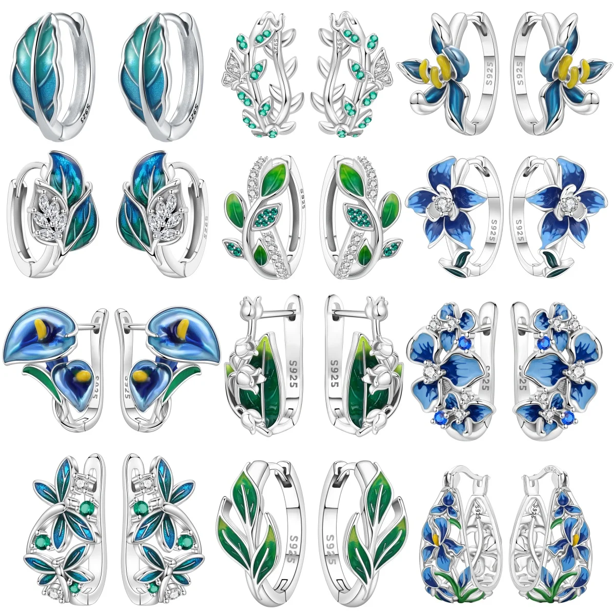 Brincos de prata esterlina s925, brincos de flores e folhas azuis e verdes, joias originais simples e modernas para mulheres, presente de aniversário