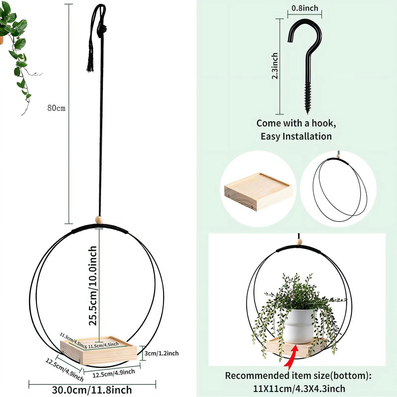 Hanging Baskets Indoor Metal Ring with Wooden Base, Hanging Pot for Plants, Hanging Flower Pot, Hanging Basket Flowers