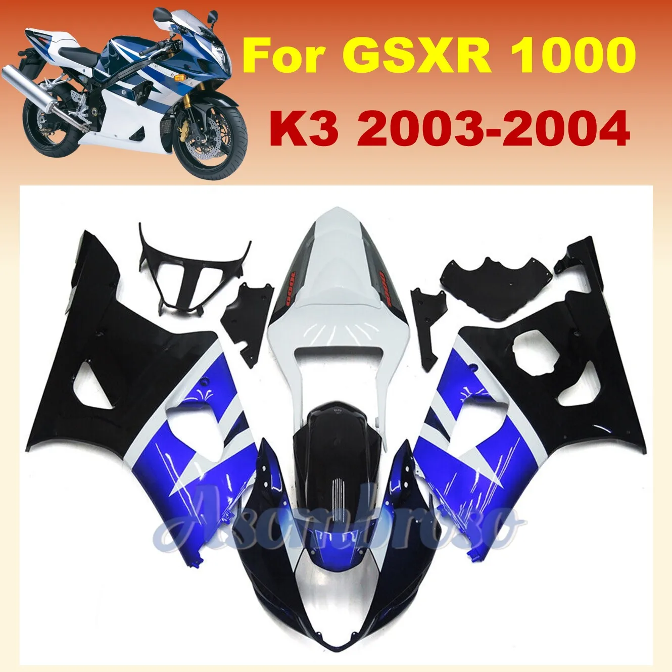 

Горячий стиль, лучший комплект обтекателя послепродажного обслуживания для GSXR1000 2003 2004 K3 GSXR 1000 03 04, комплект кузов, белый, синий, черный + крышка подноса