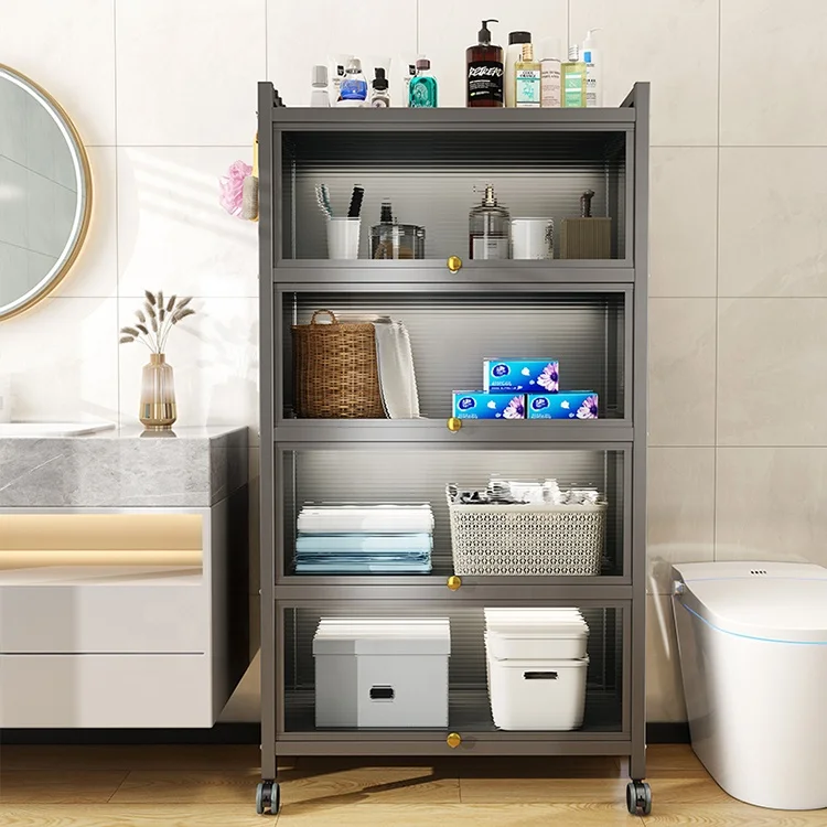 

Household 4 Drawer Tall Bathroom Corner Waterproof Clothes Flip Cover Folding Door Organizer Shelf No Punch Storage Cabinet Rack