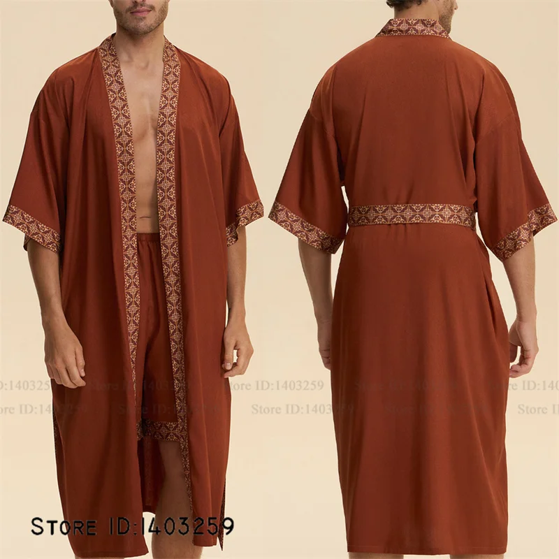 

Мужской длинный халат, пижама, комплект из 2 предметов, шелковистая атласная одежда для сна, кимоно, халат, весна-лето, новая свободная домашняя одежда, домашняя одежда, пижама