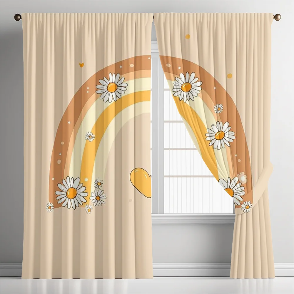 Rainbow Daisy Curtains Set of 2 – Soft Pastel Arc, White Daisies & Heart, Rod Pocket Semi-Sheer Drapes