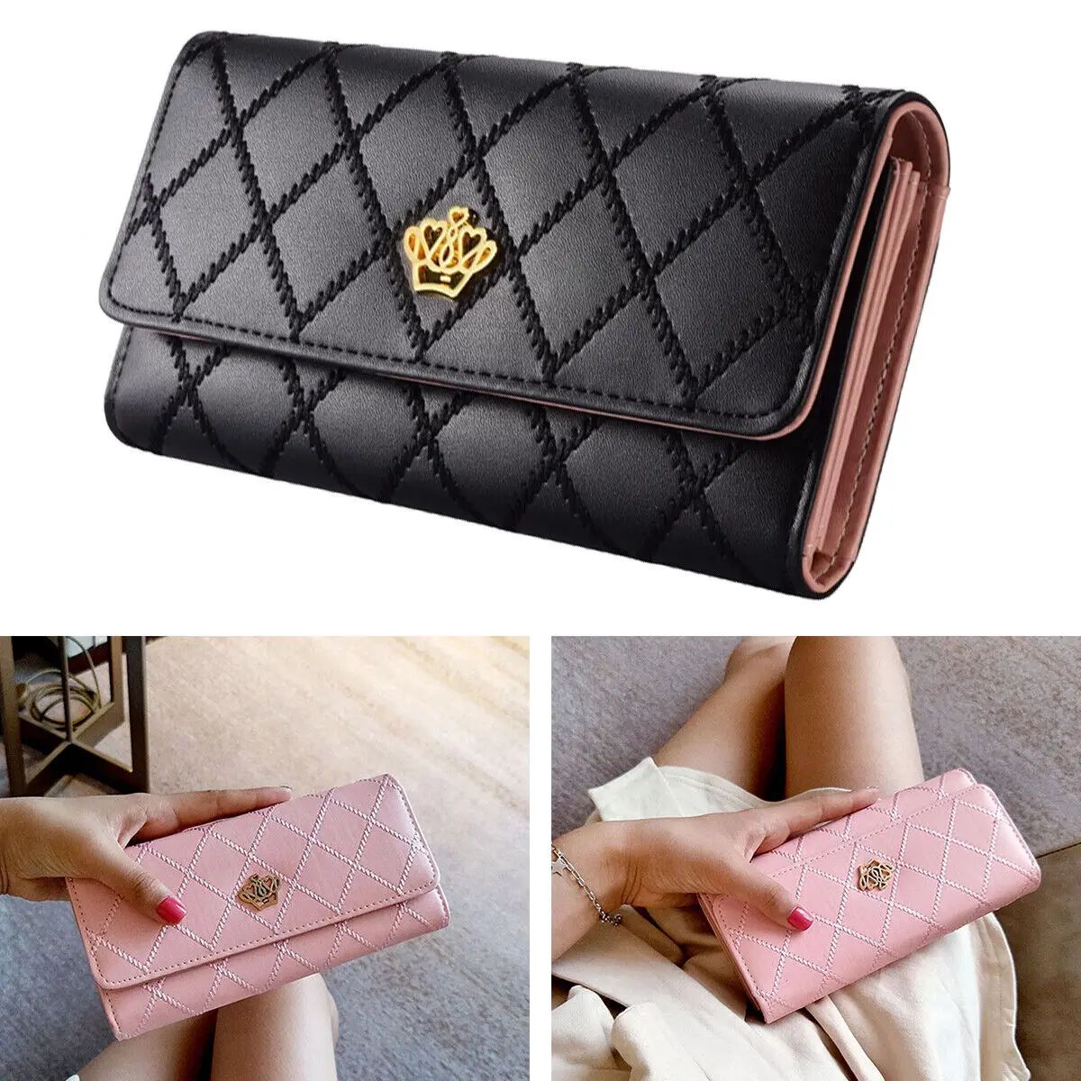 Schwarze lange Brieftaschen für Frauen pu Leder Diamant muster Geldbörse Karten halter Krone Schnalle Damen Handy tasche Mode Clutch Tasche