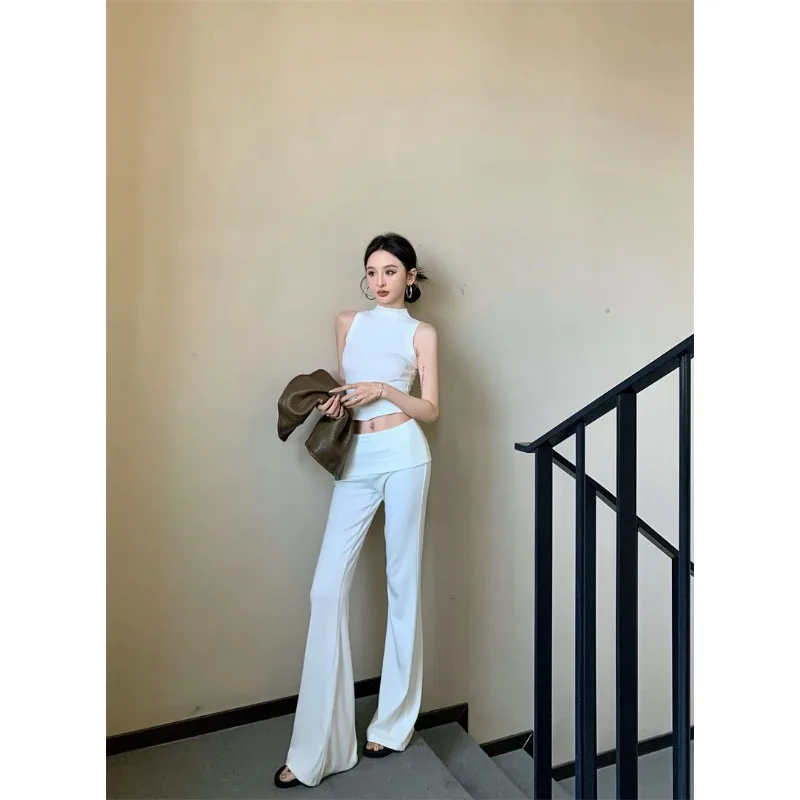 

Hot Girl Casual Suit Women's Summer Slim Fit Sleeveless Vest High-waisted Flared Pants Two-piece Set Fashion Female Clothes