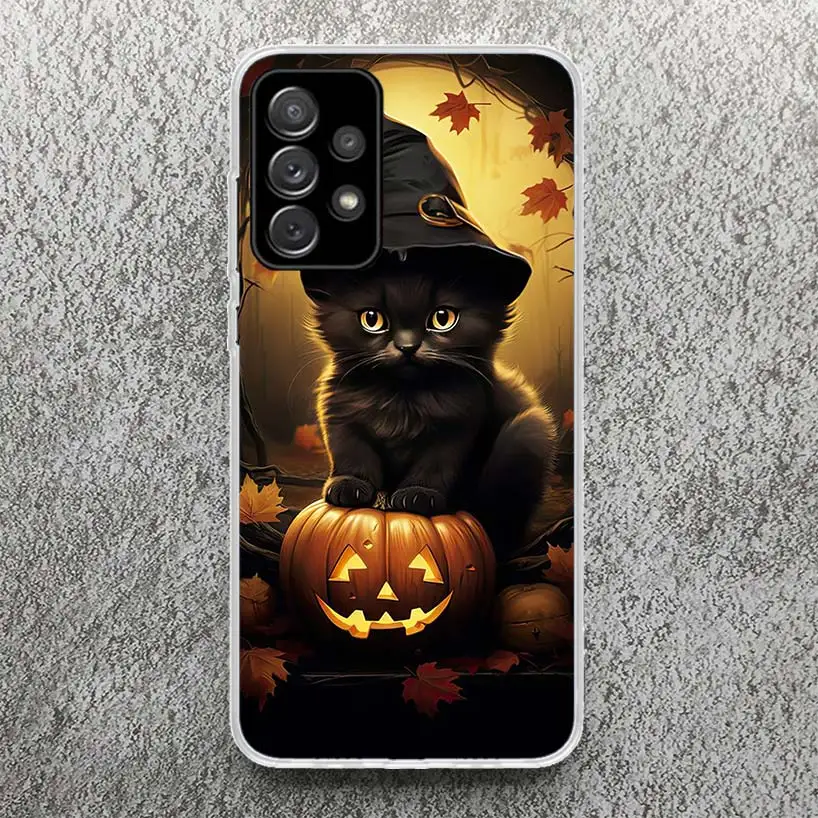 Schwarzes Kätzchen Halloween Kürbis Handy hülle für Samsung Galaxy A14 A54 A13 A53 A12 A52S A24 A34 A23 A33 A22 A32 A04s A03s A02s A72