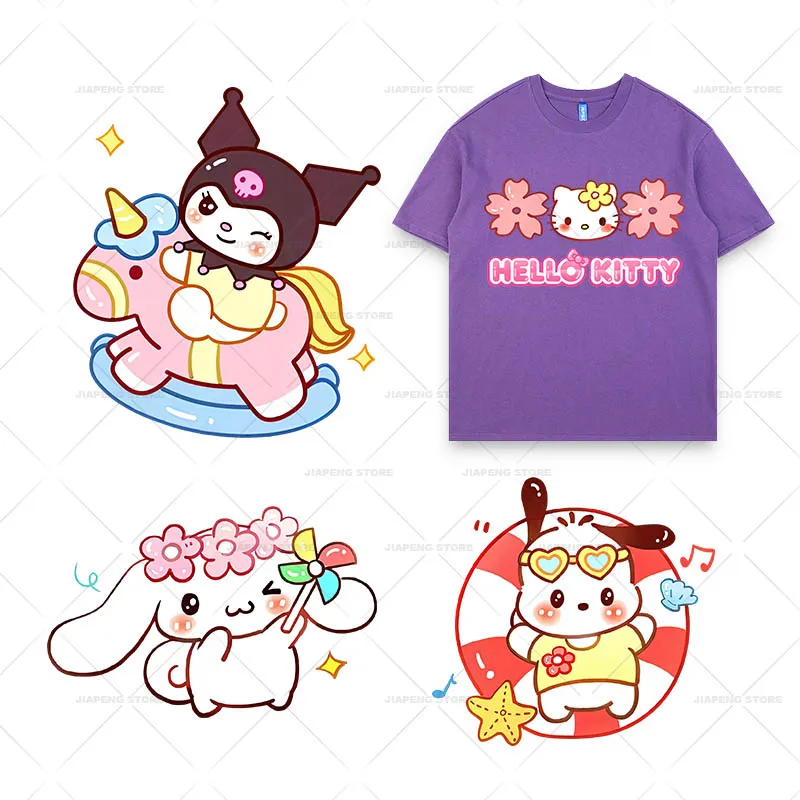 Sanrio Family Printed Stickers for Clothes Iron on Heat Transfers Cartoon Hello Kitty Thermal on Girls T-shirt Appliques Decor