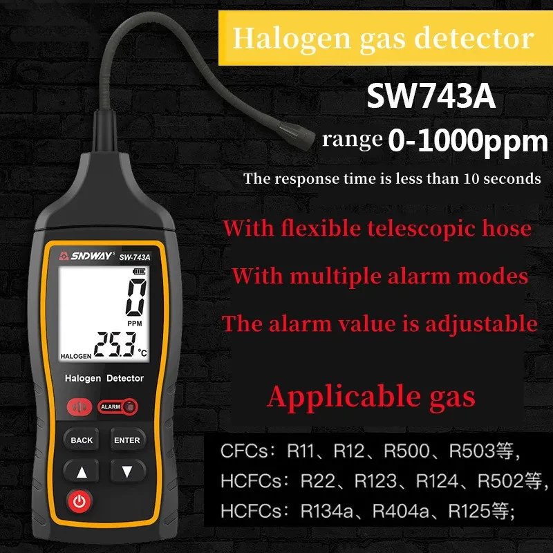 SW-743A Halogen Gas Detector 0-1000PPM Refrigerant Air Conditioner Freon Gas Leak Detector CFCs HCFCs Halogen Gas Detector