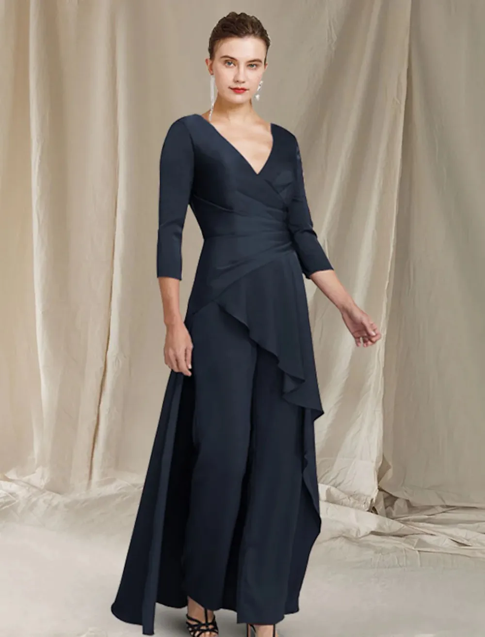 

Two Piece Pantsuit Jumpsuit Mother of the Bride Dress Elegant V Neck Floor Length Chiffon 3/4 Length Sleeve with Ruched Ruffles