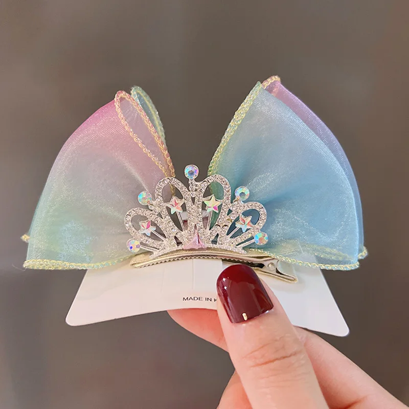 Pastel Rainbow Hair Bows Gradient Color Princess Crown Hair Clips Standing Bowknot Hairpin Kids Barrette Korean Hair Accessories