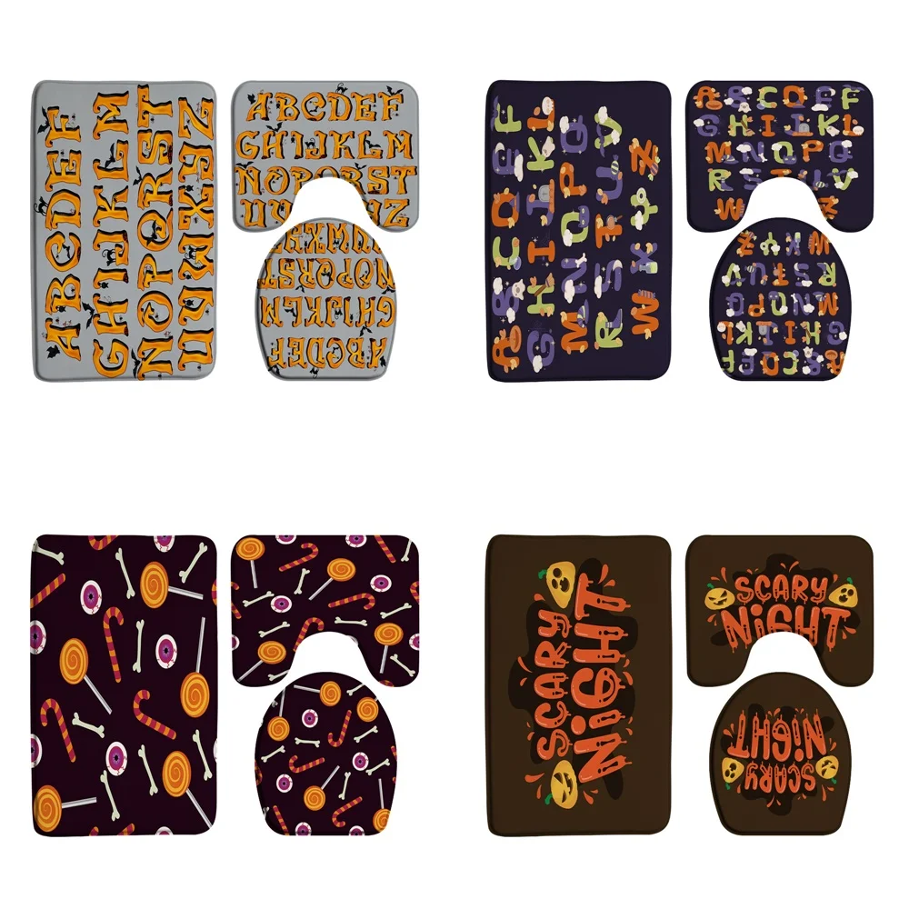 

3Pcs Halloween English Alphabet Bathroom Rug Set Non-Slip Black Cat Pumpkin Bat Bath Mat Carpet Toilet Lid Cover Flannel Doormat