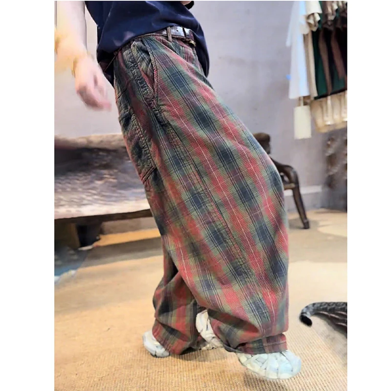 Style coréen 2025 nouveauté été femmes mode pleine longueur pantalon décontracté ample fermeture éclair mouche taille Plaid jambe large pantalon T131