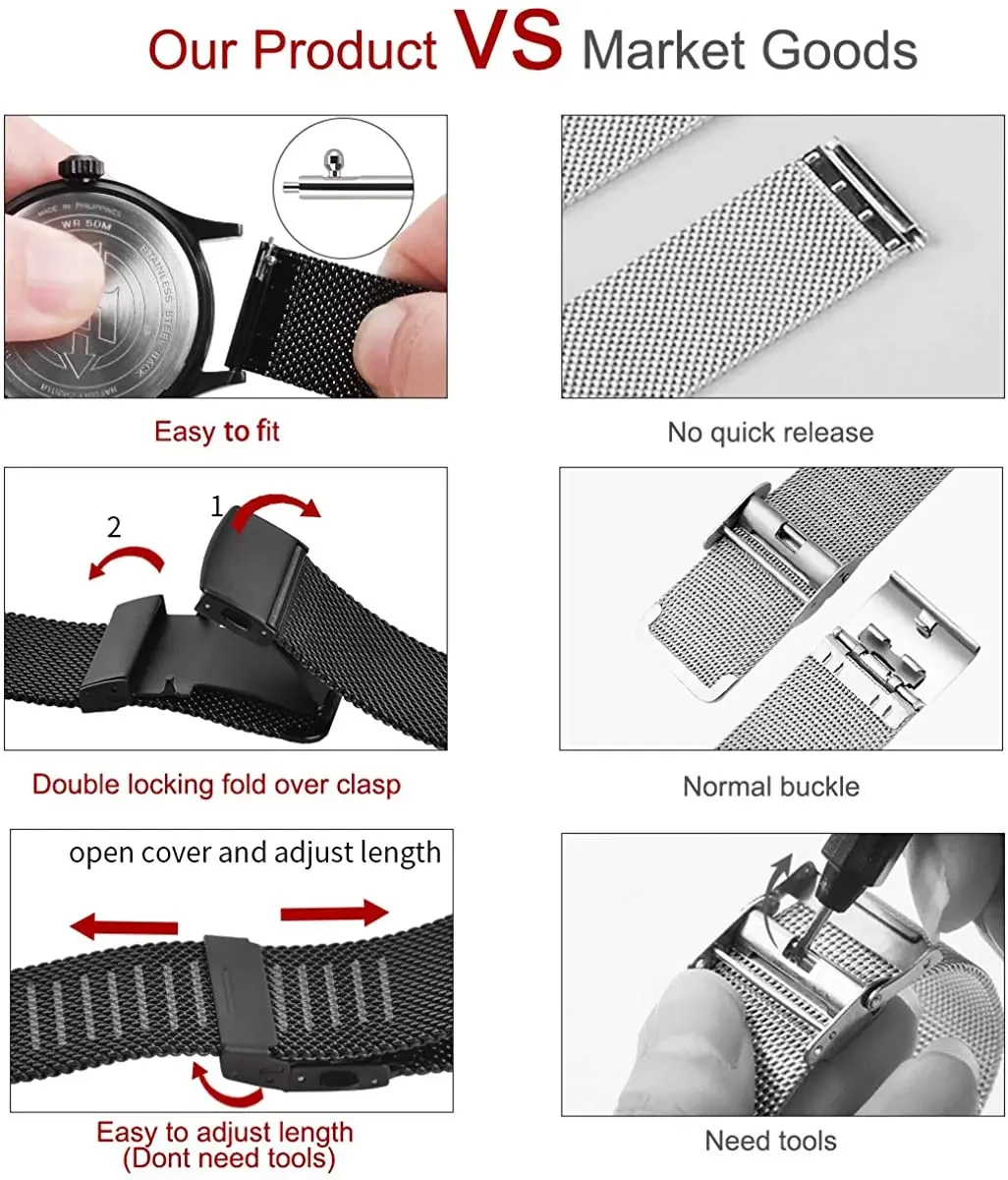 Stainless Steel Mesh Watch Band for Mens Women Quick Release Milanese Loop Mesh Watch Straps 12mm 14mm 16mm 18mm 20mm 22mm 24mm