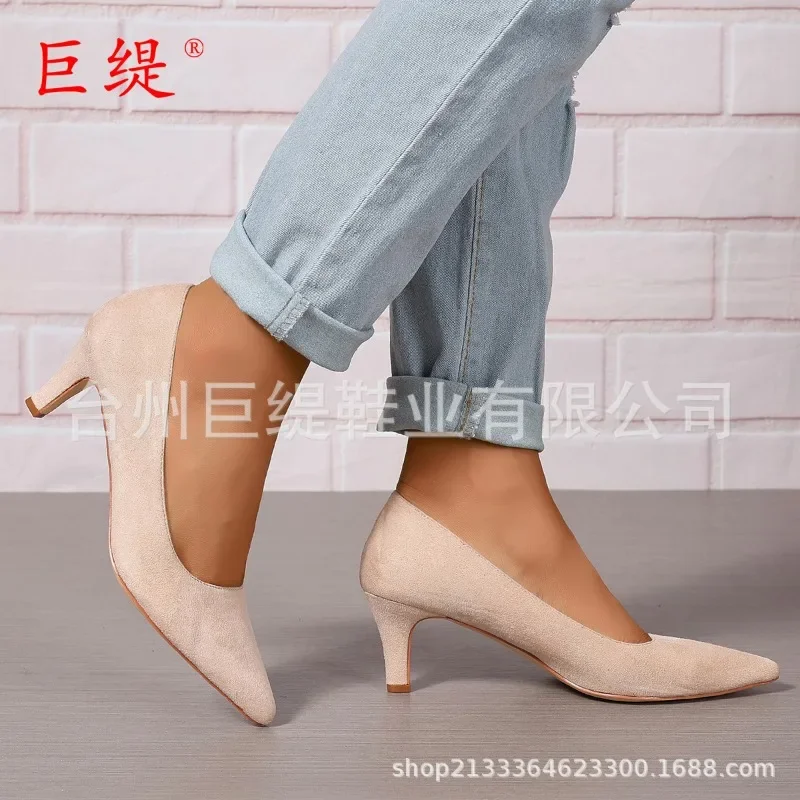 Big Size Women\'s Boat Shoes Faux Suede High Heels Pointed Toe Pumps Stilettos Basic Pump for Female White Black Red Pink Blue