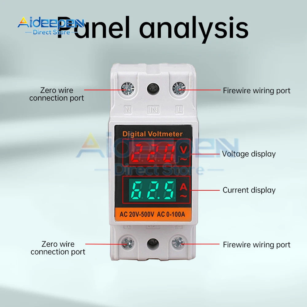 35mm Din Rail LCD Dual Digital AC Voltmeter Ammeter AC 220V 380V Electricity Meter AC 50-500V 100A Monitor Built-in Transformer