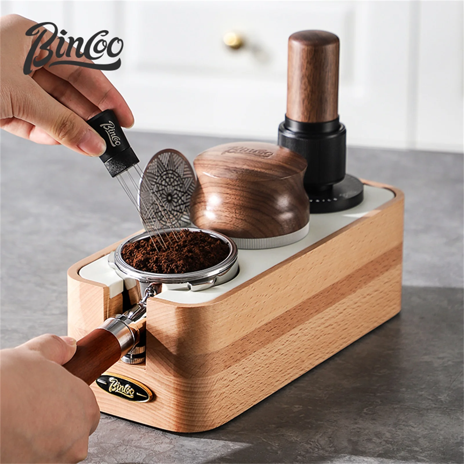

Bincoo Coffee Tamping Stand Tamper Station Solid Wood 51/58mm Portafilters Espresso Distributor Base Set Home Barista Tools