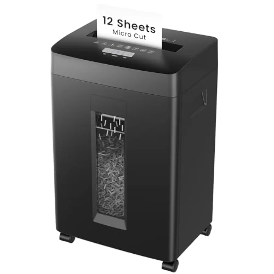 

Home office micro cut shredder: steel body, black, 12-sheet capacity, 6-gallon bin, P-4 security, shreds paper/CDs/credit cards