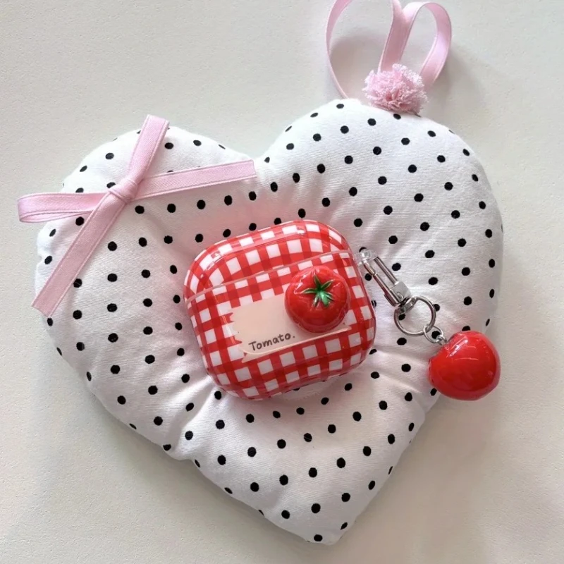 

For AirPods 4 1 2 3 Pro 2 Case Ins Korean Cute Red Plaid Tomato with Pendant Protective Sleeve Earphone Accessories Cover Funda