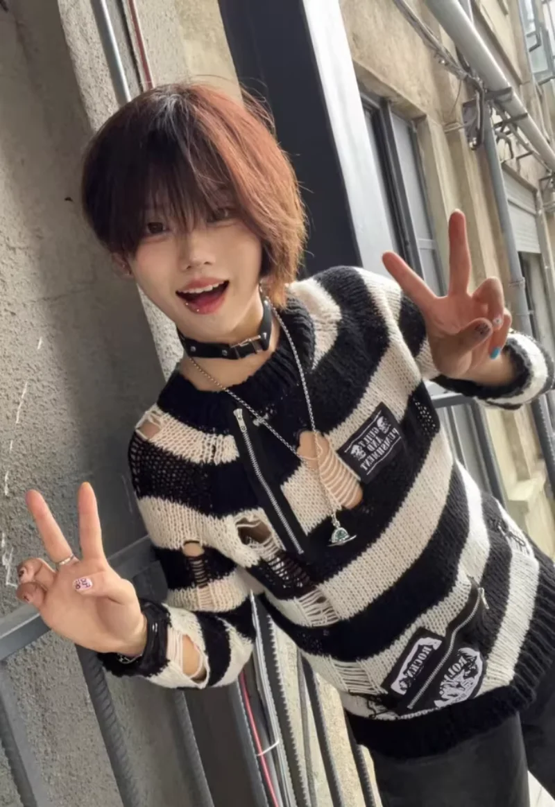 اليابانية الخريف والشتاء الظلام القوطية الجوف حفرة مخطط الشرير Harajuku ثقافة فرعية طاقم الرقبة محبوك سترة الاتجاه للنساء #3