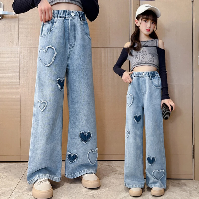 

2024 Spring Autumn Girls Love Rough Edges Jean Korean Version Style Kids Middle Waist Cowboy Pants Elastic Waist Long Pants