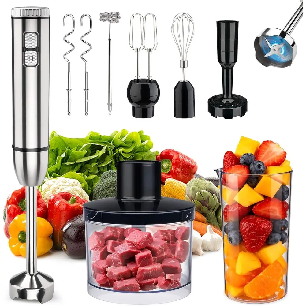 8-in-1 Hand Blender with 25 Speeds, Turbo, Beaker, Chopper, Milk Frother, Grinder, and Mixer