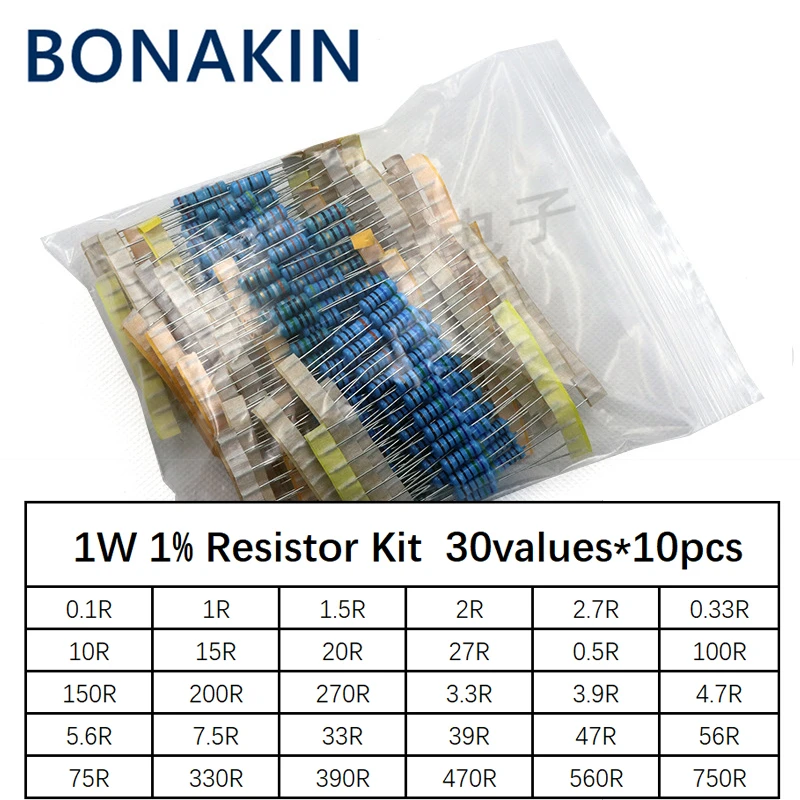 Kit surtido de resistencias de piezas, Kit de película metálica de 1W 300, 0,1r-750R ohm, 1% piezas = 30 valores * 10