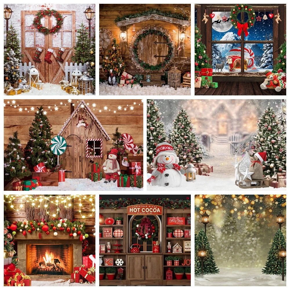 

Christmas Backdrop Large Merry Christmas Party Photo Booth Props Backgroud Banner Indoor Fireplace Snowman Pine Tree Santa Claus