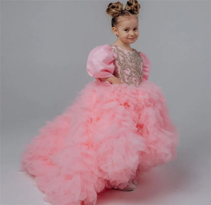 Cute Ball Gown Princess Birthday Party Dress Beaded Lace Christmas New Year Gift for Girls First Communion Dress Long Train