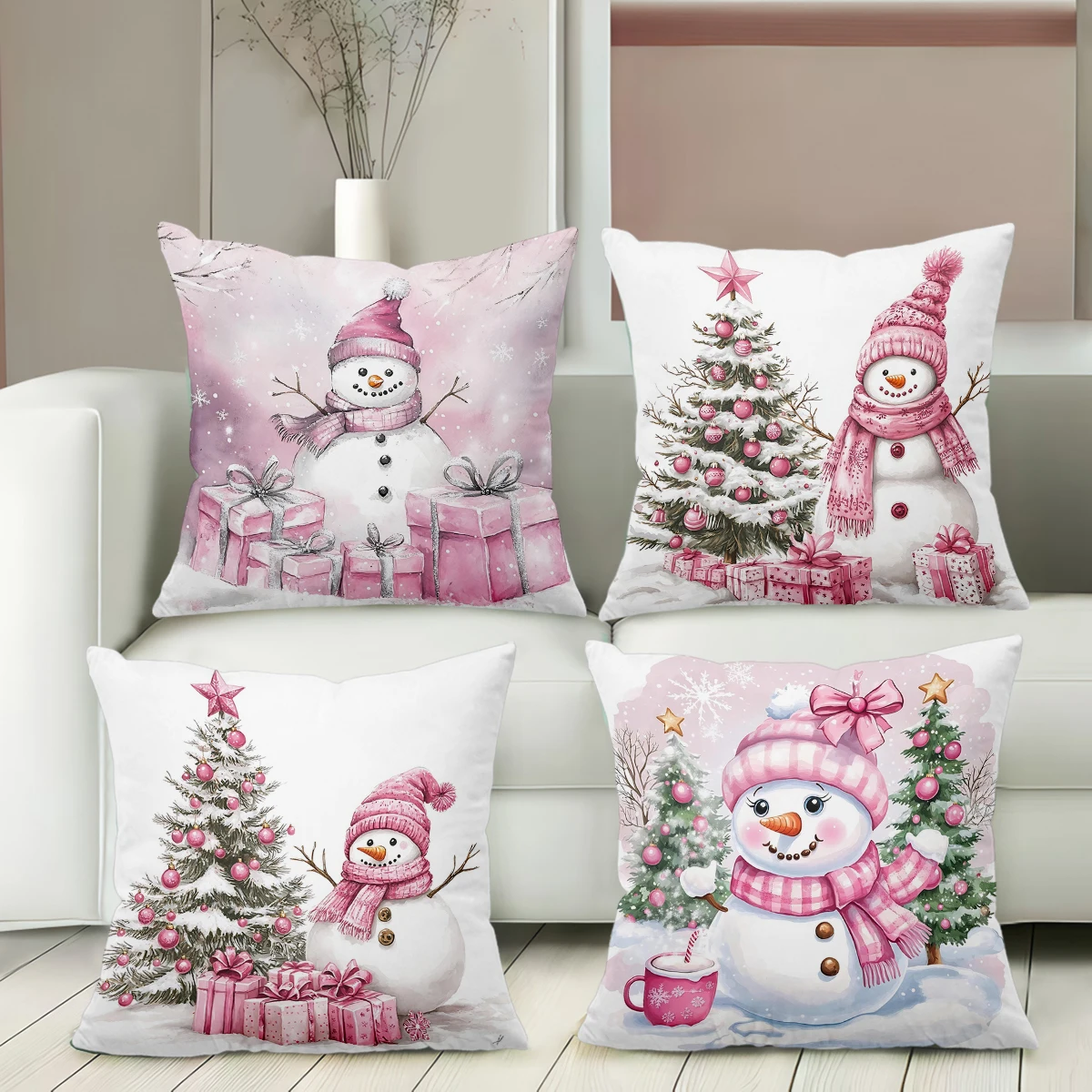Pink Snowman Christmas Pattern Decorative Cushions Polyester pillowcase, sofa decorative cushion cover, bedside throw pillow