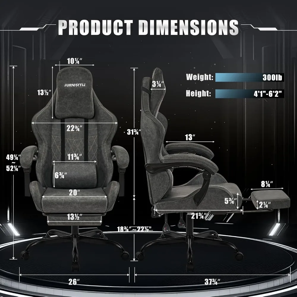 Gaming Chair for Adults, Video Game Chair Retro PU Leather Grey