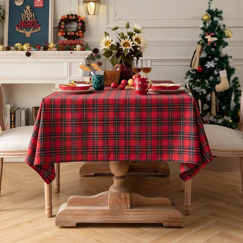 

Christmas Black White Grid Cotton Tablecloth Rectangle Dustproof Table Top Cover,for Home Party Birthday Decor