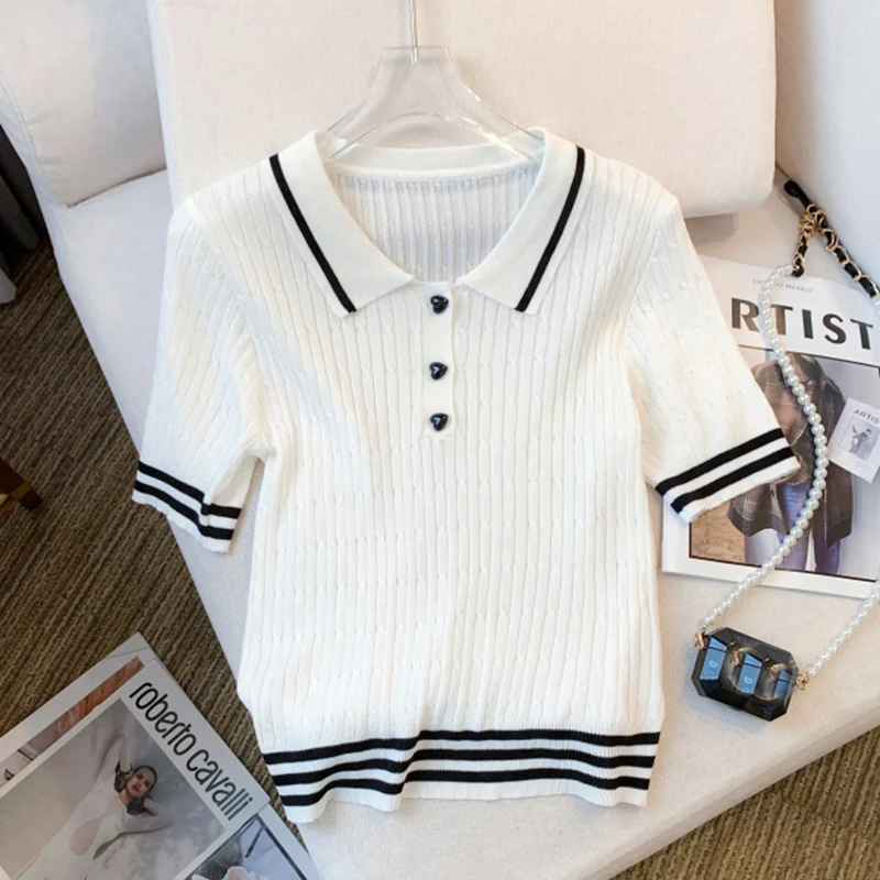 Tee Shirt Femme 2023 Summer Casual Contrast Color Turn Down Collar T Shirt Women Short Sleeve Knitted Tops Female Slim Tshirts