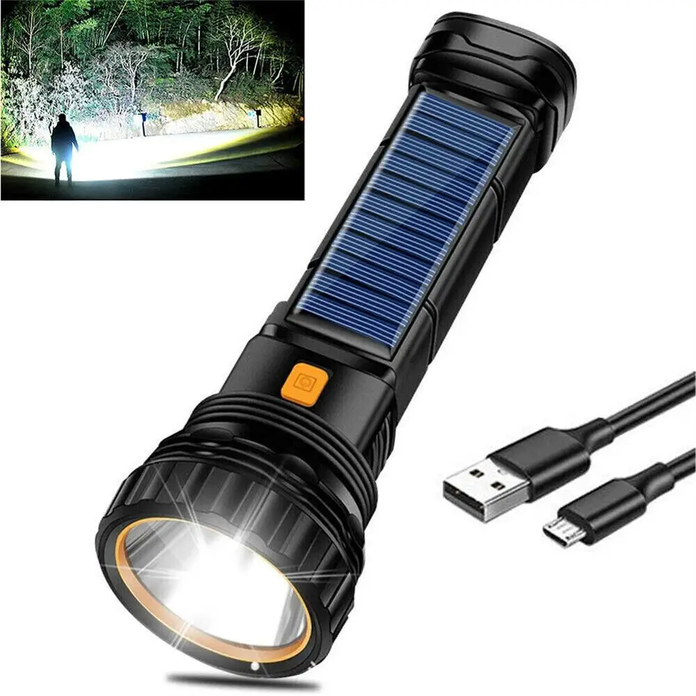 Led Solar Tactical Flashlight 1200mah High Power Flashlights USB/Solar Rechargeable Waterproof Outdoor Camping Emergency Light