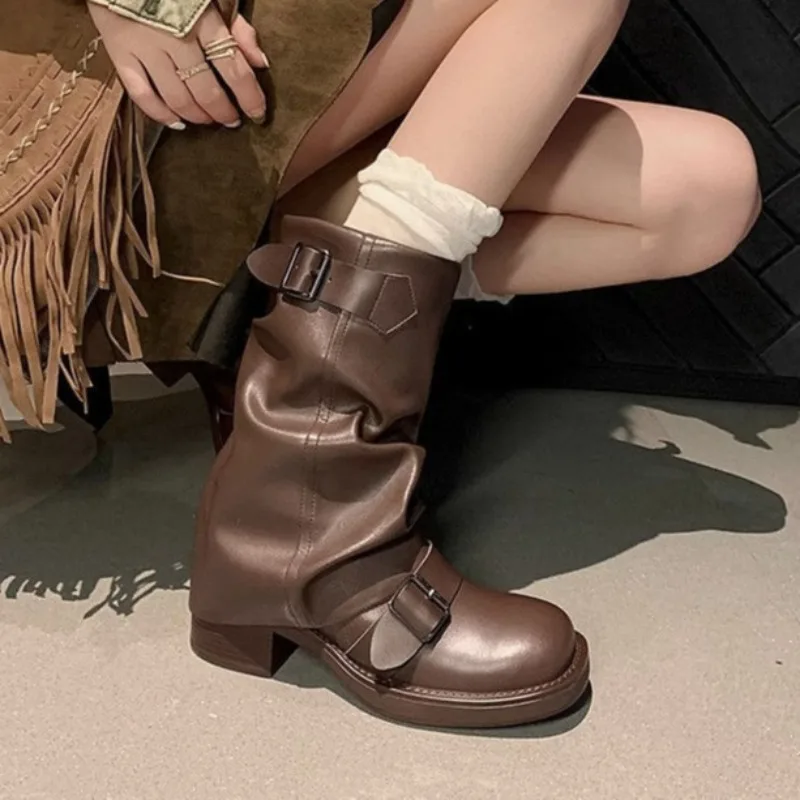 

Chunky Boots for Women Autumn PU Leather Mid Calf Boots Woman Thick Heels Pleated Buckle Knight Boots Riding Botas Mujer 2024